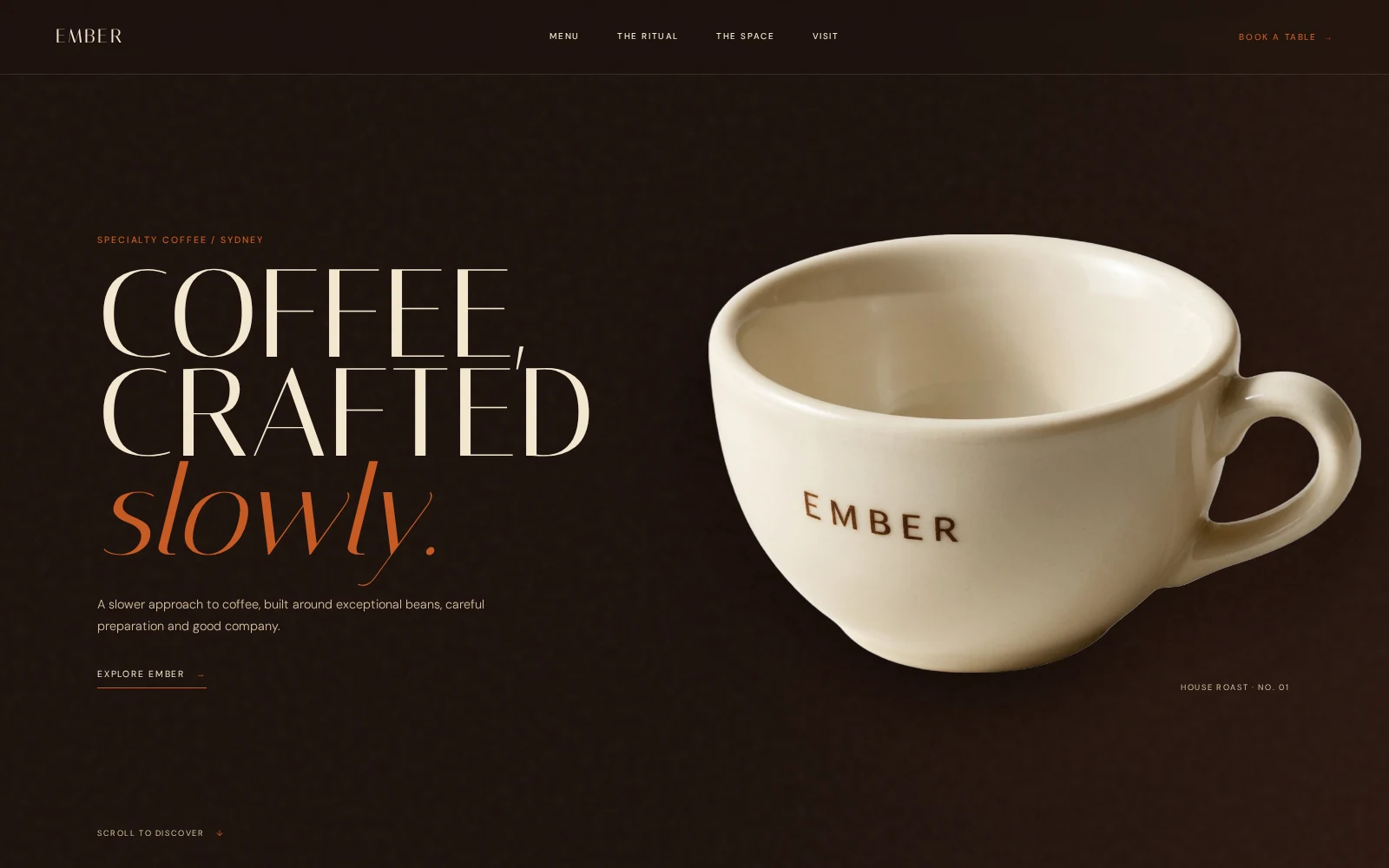 EMBER specialty coffee website opening screen with editorial typography and a cream coffee cup