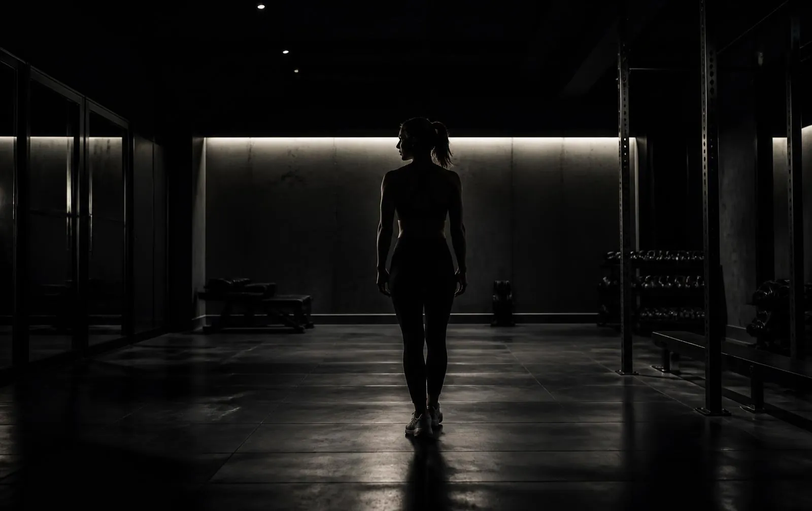 Dimly lit premium fitness studio with a single athlete silhouetted against concrete walls