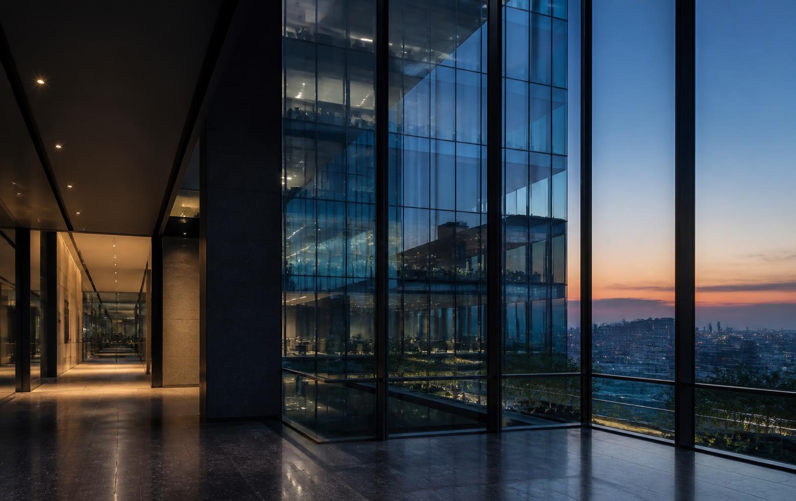 Modern glass office tower interior at dusk with blue reflections and clean geometry